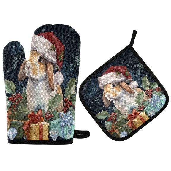 2PCS Pot Holders and Oven Mitts Sets Cooking Gloves Kitchen Gloves Heat-Resistant Non-Slip for Baking Cooking Warm Christmas Orange Rabbit