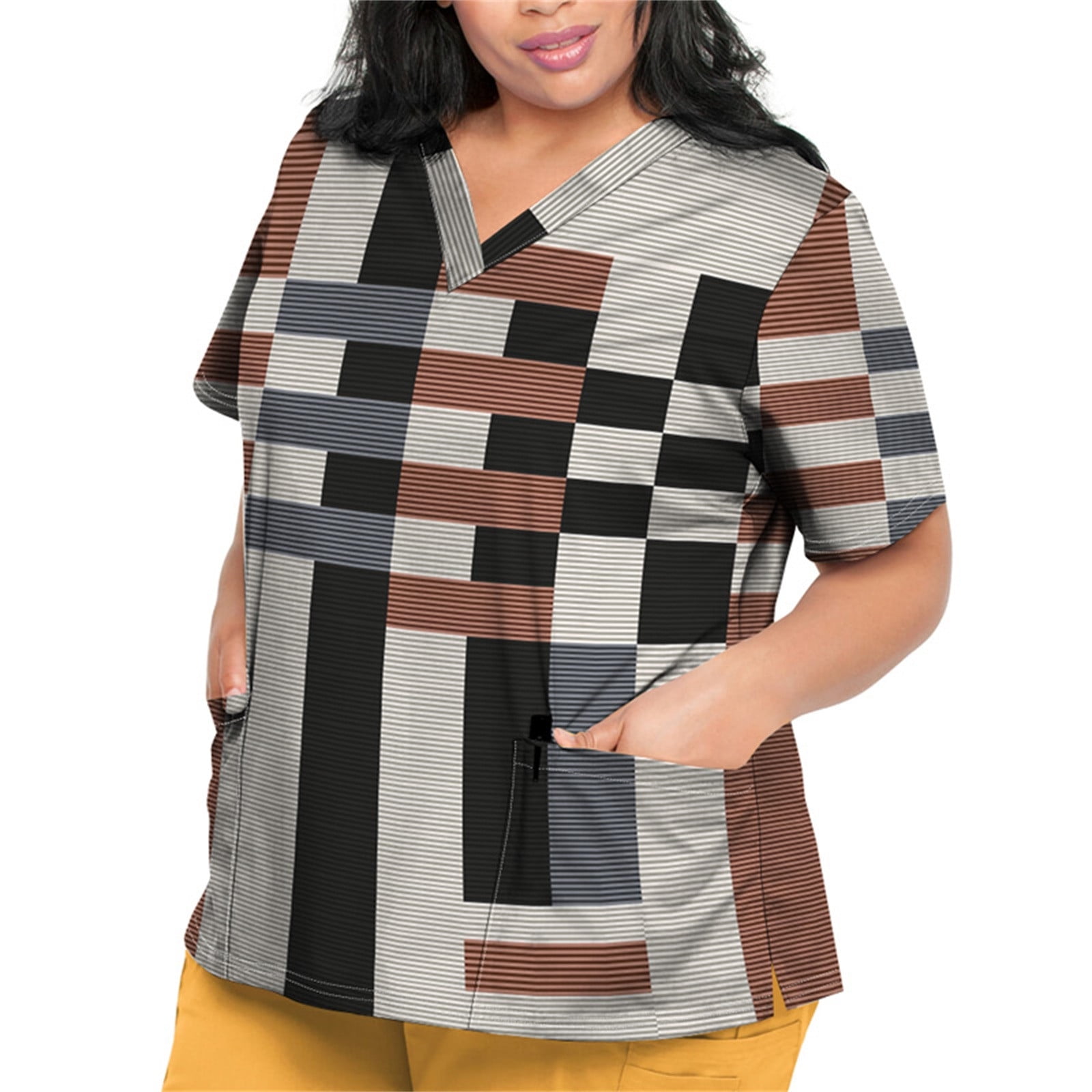 Sksloeg Women's Scrubs Plus Size Plaid Printed Top Workwear with Pockets Short Sleeve VNeck