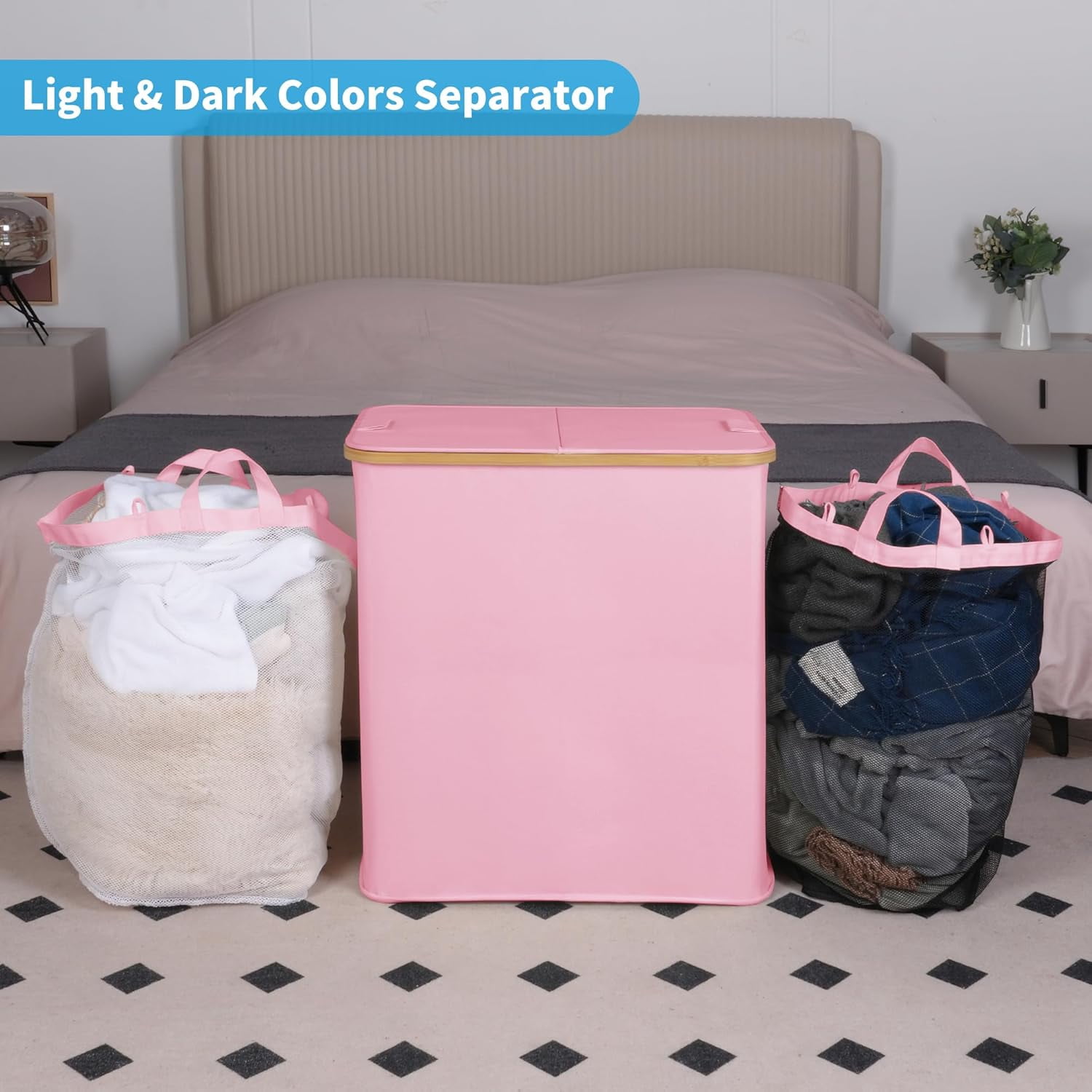 Laundry Hamper with Lid, Double Laundry Hamper with 2 Removable Bags, 2 Section Laundry Basket with Bamboo Handles for Bathroom, Bedroom & Laundry Room (Pink, 140L Dual)