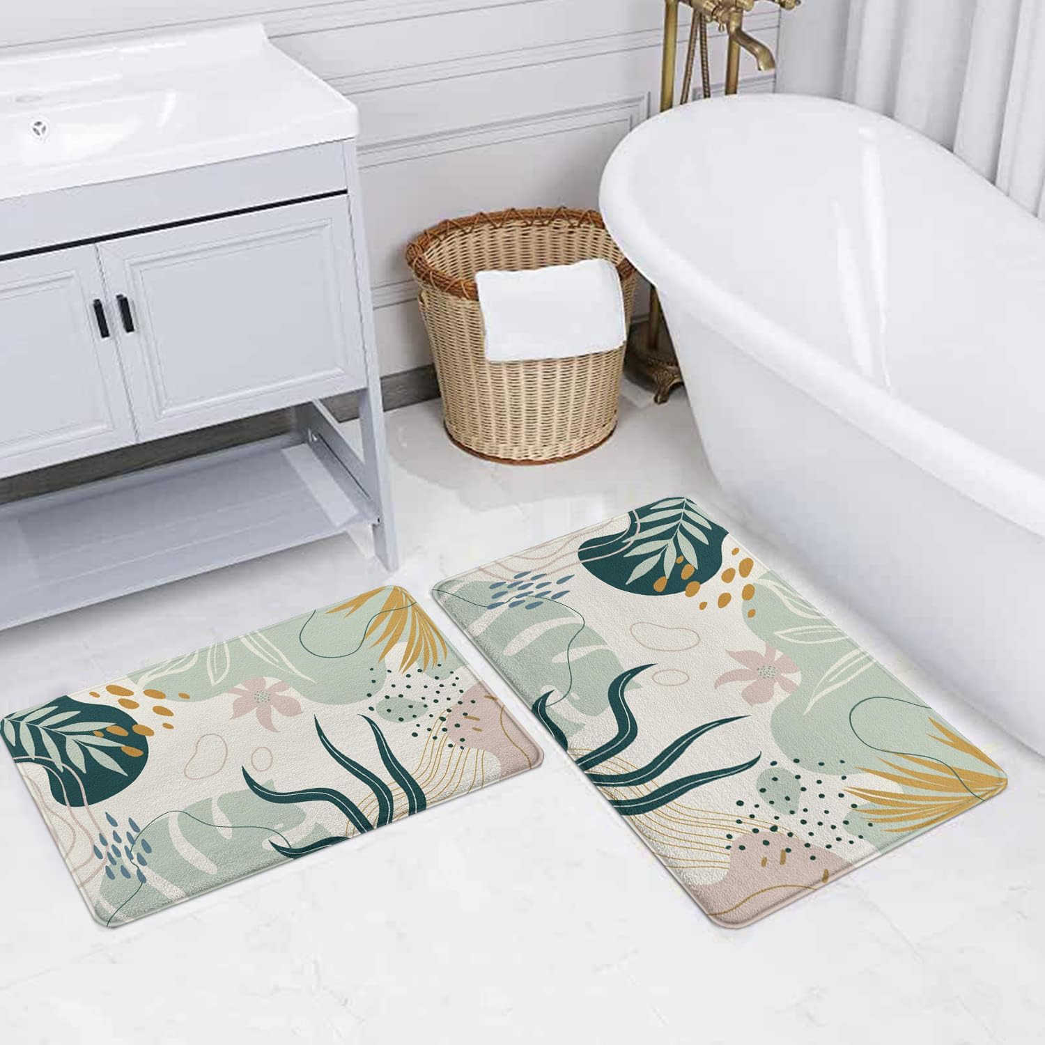 Mid Century Boho Bathroom Rugs Blue Bohemia Bath Mat Non-Slip Water Absorbent Bath Rug Soft Microfiber Floor Mats for Bathroom Tub and Shower Room 17x27 inch