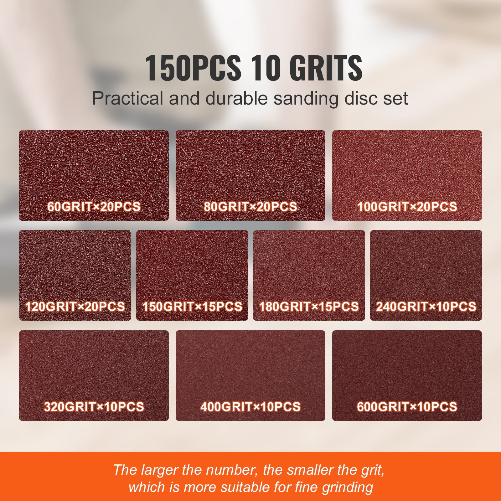 KFFKFF 150 Count 5-Inch Sanding Disc Collection, 8-Hole Circular Hook and Loop Sandpaper for Orbital Sander, 10 Grit Levels: 60, 80, 100, 120, 150,180, 240, 320, 400, 600 Grit, Suitable for Metal