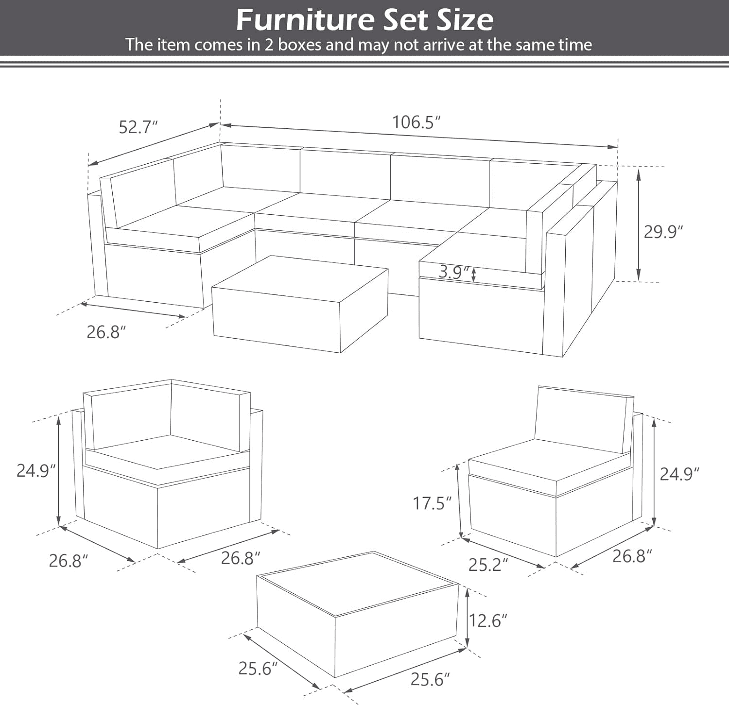 Danrelax 7-Piece Outdoor Sectional Sofa Patio Conversation Set, PE Rattan Wicker Furniture, Steel Frame, Dark Grey Cushion/ Black Rattan