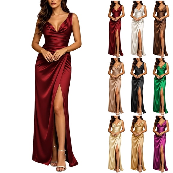 ChaoHeng Maxi Dresses for Women Maxi Dresses for Women Satin V Neck Sleeveless Pleated High Waist Slit Resort Long Dress Black S