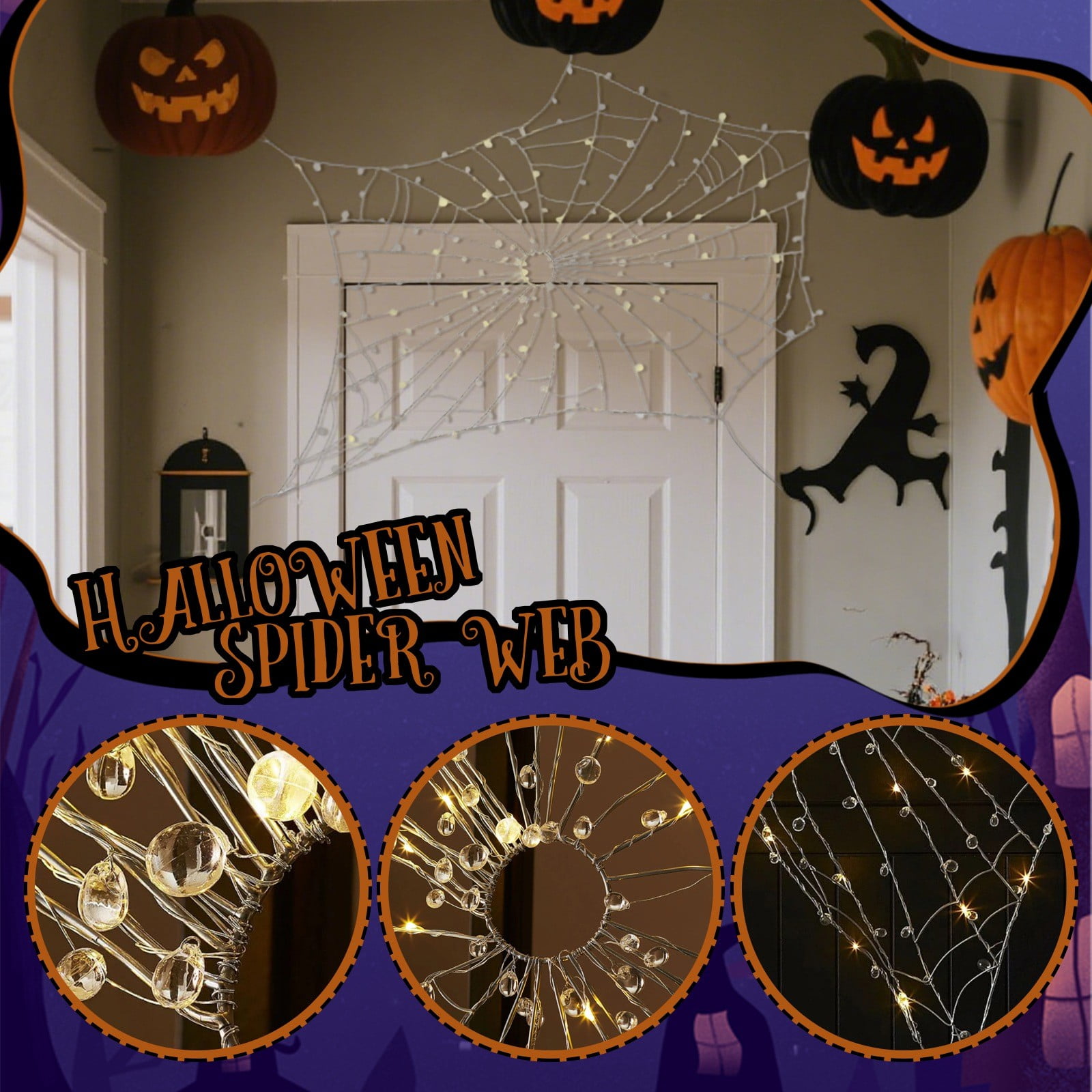 Halloween Glam Crystal Spider Web Decor, 48-Inch Glowing Cobweb Lamp with Hook Loops, Spider Web Fairy Lights for Window Ceiling Wall Bar Haunted House Party Spooky Atmosphere Ornament