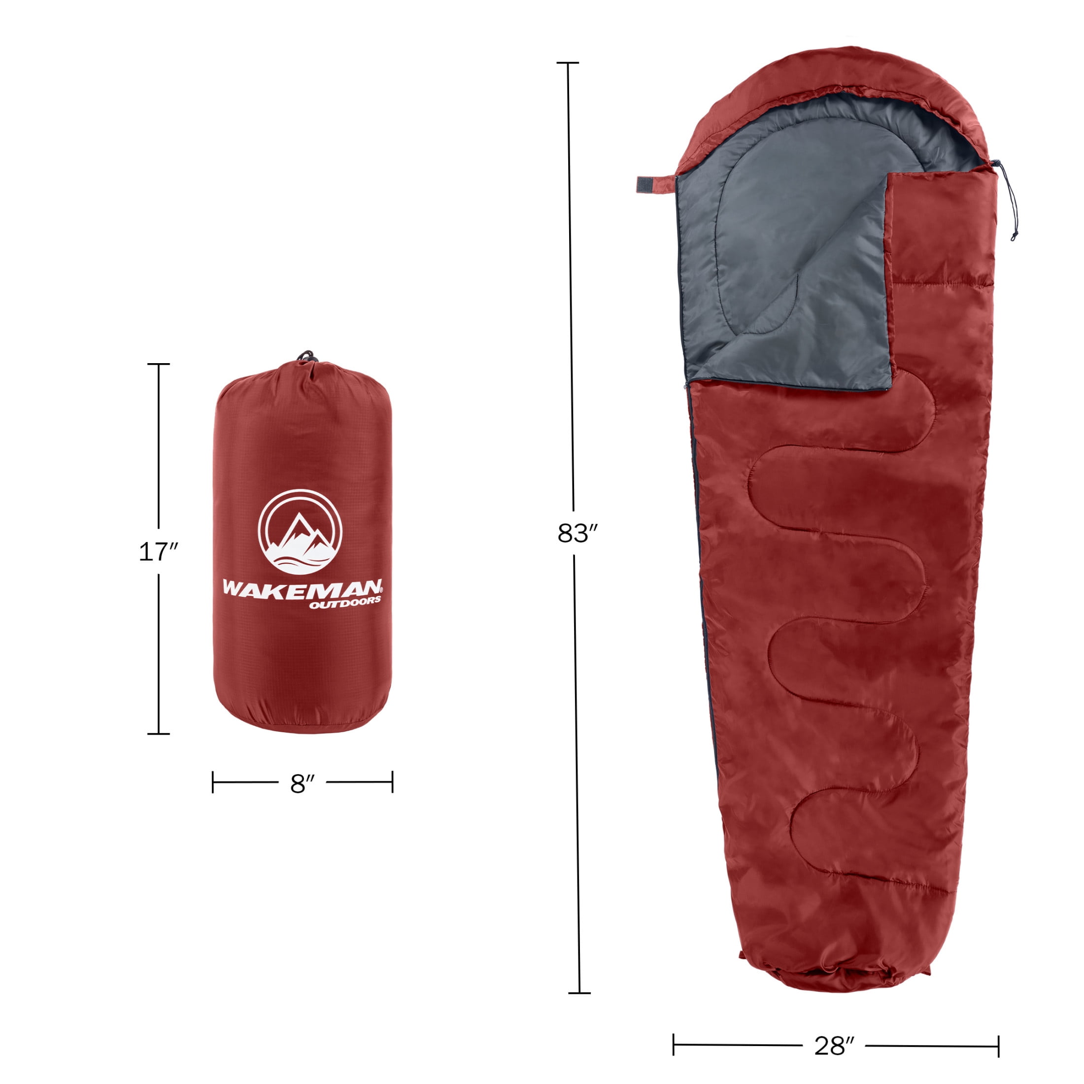 Wakeman Outdoors Cold Weather Mummy Sleeping Bag Rated to 25°F, Red