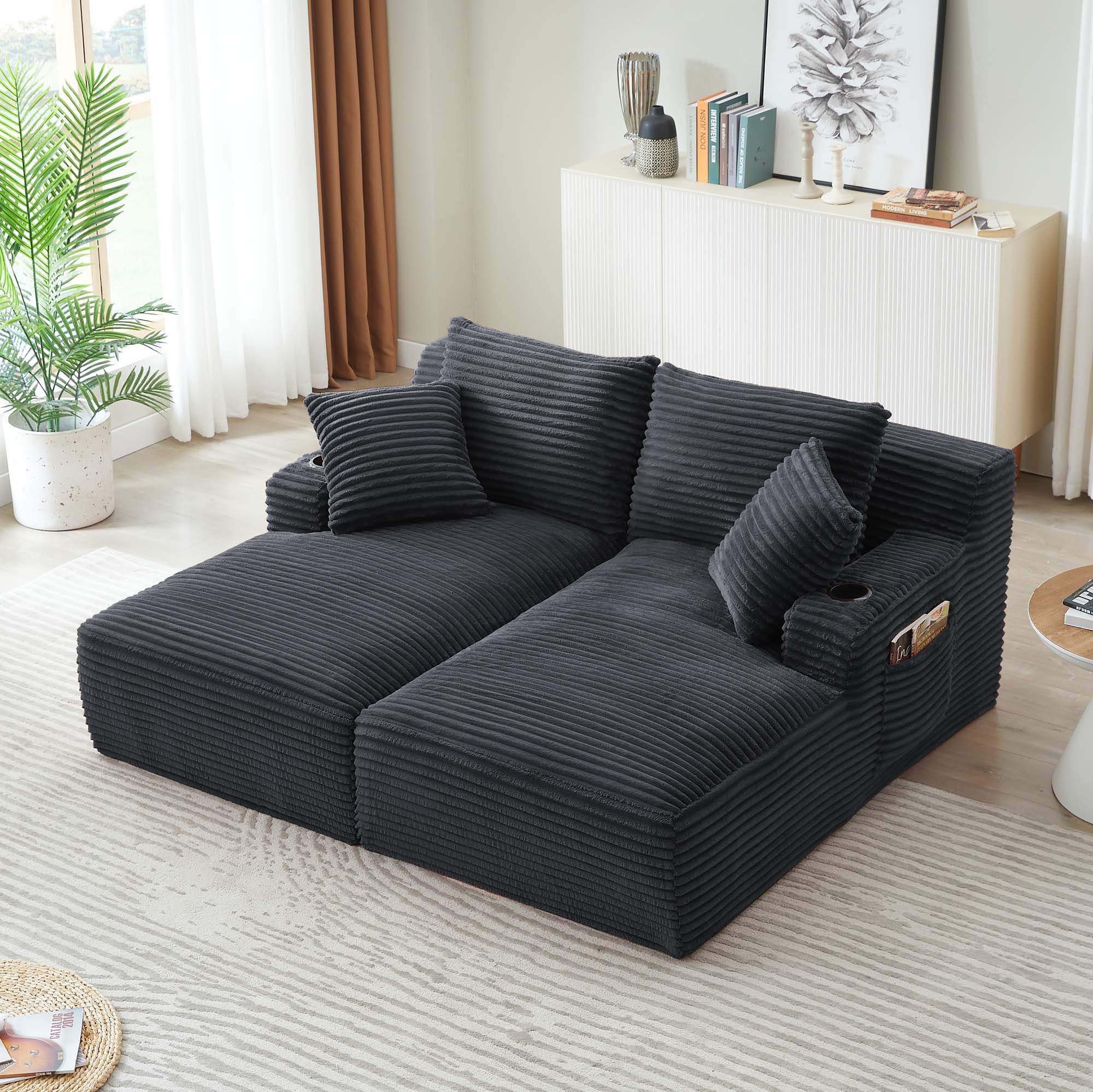 Miniyam Dark Grey Compressible Double Chaise Lounge with Cupholders - No Assembly Required, Fluffy Modern Sleeper Loveseat for Indoor Living Room Bedroom