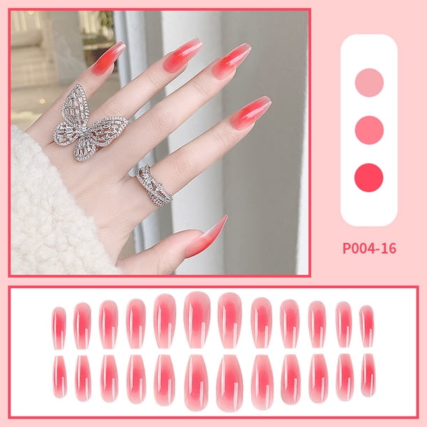 Uñas postizas, uñas postizas, regalos para mujeres que usan uñas al por mayor, uñas largas trapezoidales ruborizadas, cadena de tablero de ajedrez, camelia, manicura de uñas para usar.