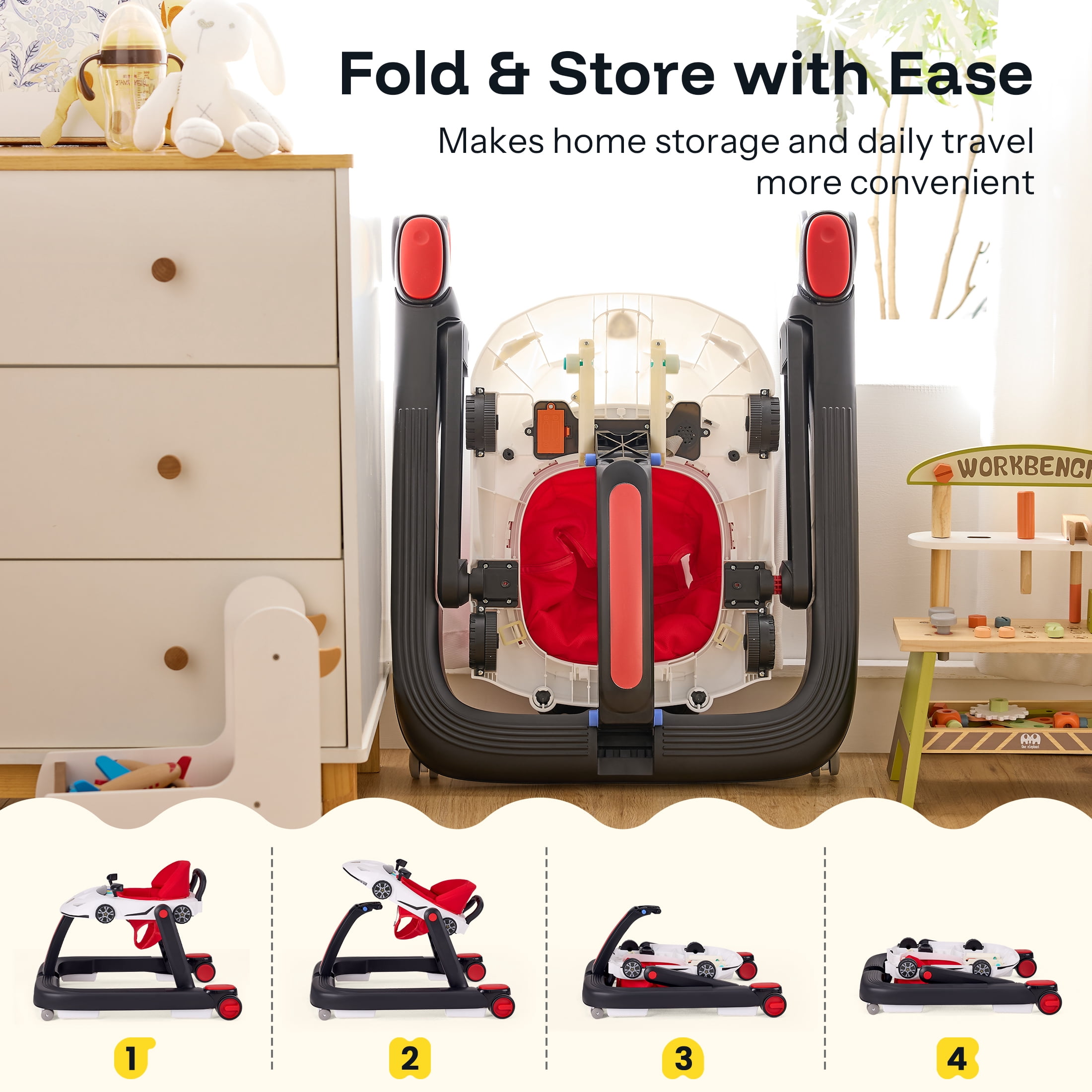 HARPPA Baby Walker for Babies 6-18 Months, Foldable Activity Push Walker, Red