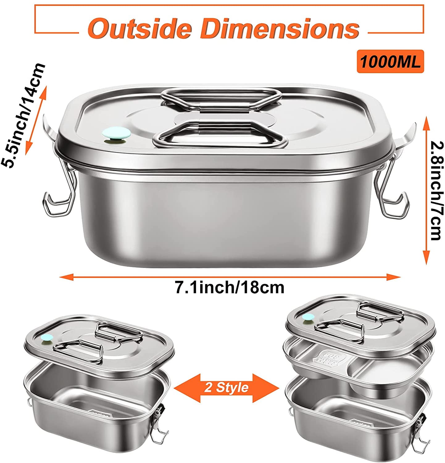 2 Pieces Metal Bento Box for Adults Metal Lunch Box Stainless Steel Bento Containers Leakproof Dual Tiers Lunch Container With Airtight Valve Handle Dishwasher Safe