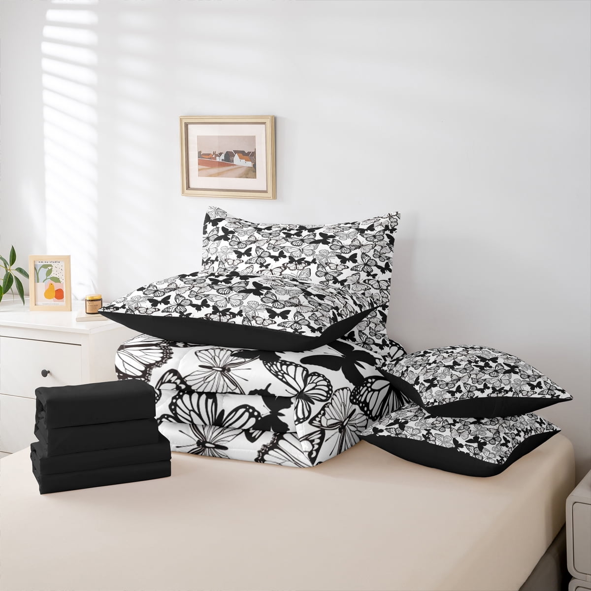 Homewish Flying Butterflies 7pcs Bedding Comforter Set for Boys Girls,Black White Queen Bedding Sets Super Cozy,Retro Vintage Queen Sheet Sets,Breathable Home Decor,Reversible