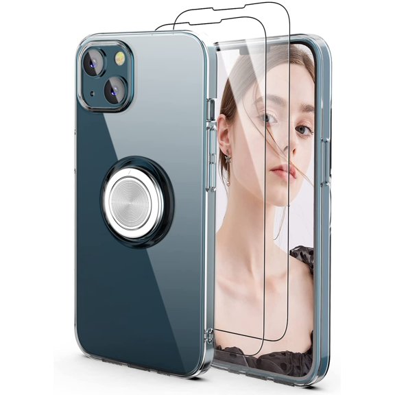 Case for iPhone 13/14, Clear Body Soft TPU Shockproof Case with 360 Degree Rotation Ring Kickstand for iPhone 13/14 6.1 inch with 2 Glass Screen Protectors, Clear
