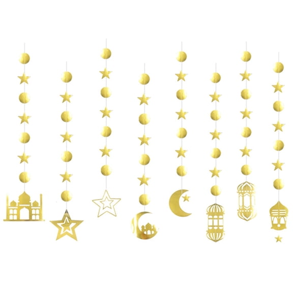 Eid Paper String Pendant 8pcs/set Golden Star Hanging Garland for Ornament for Party Wall Door Decoration Supplies