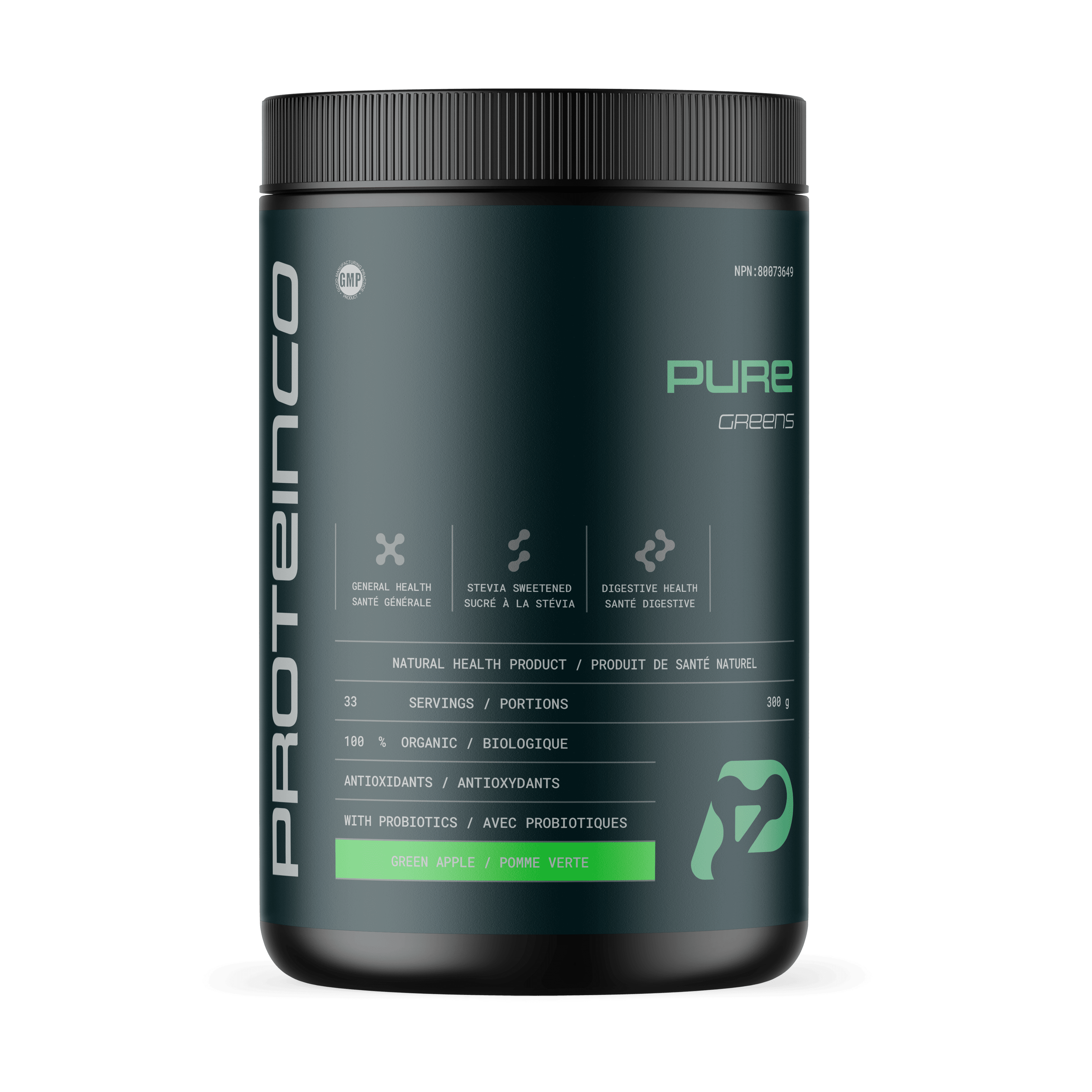 ProteinCo ProteinCo | Pure Greens | Daily Superfood Blend | Boost Energy - Immunity & Digestion | Antioxydant | Stevia | 300g (Green apple) supplement bottle