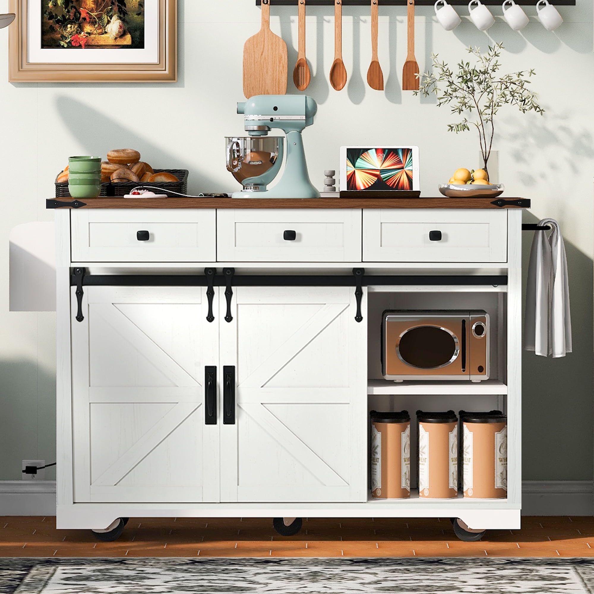 Mintazer 53.7" Farmhouse Kitchen Island with Power Outlet & Drop Leaf, Kitchen Storage Island with 2 Door & 3 Drawers, Spice Rack Rolling Kitchen Cart with Wheels&nbsp;for Home Kitchen, White