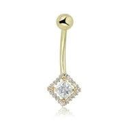 AVORA 10K Yellow Gold 4mm Princess-Cut Simulated Diamond CZ Halo Belly Button Ring Body Jewelry (14 Gauge)
