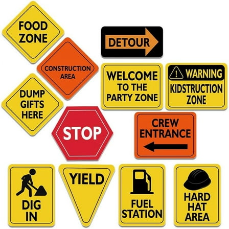 CJUAN Construction Zone Party Decoration Kits, 12 Pcs Traffic Sign Cutouts for Boys