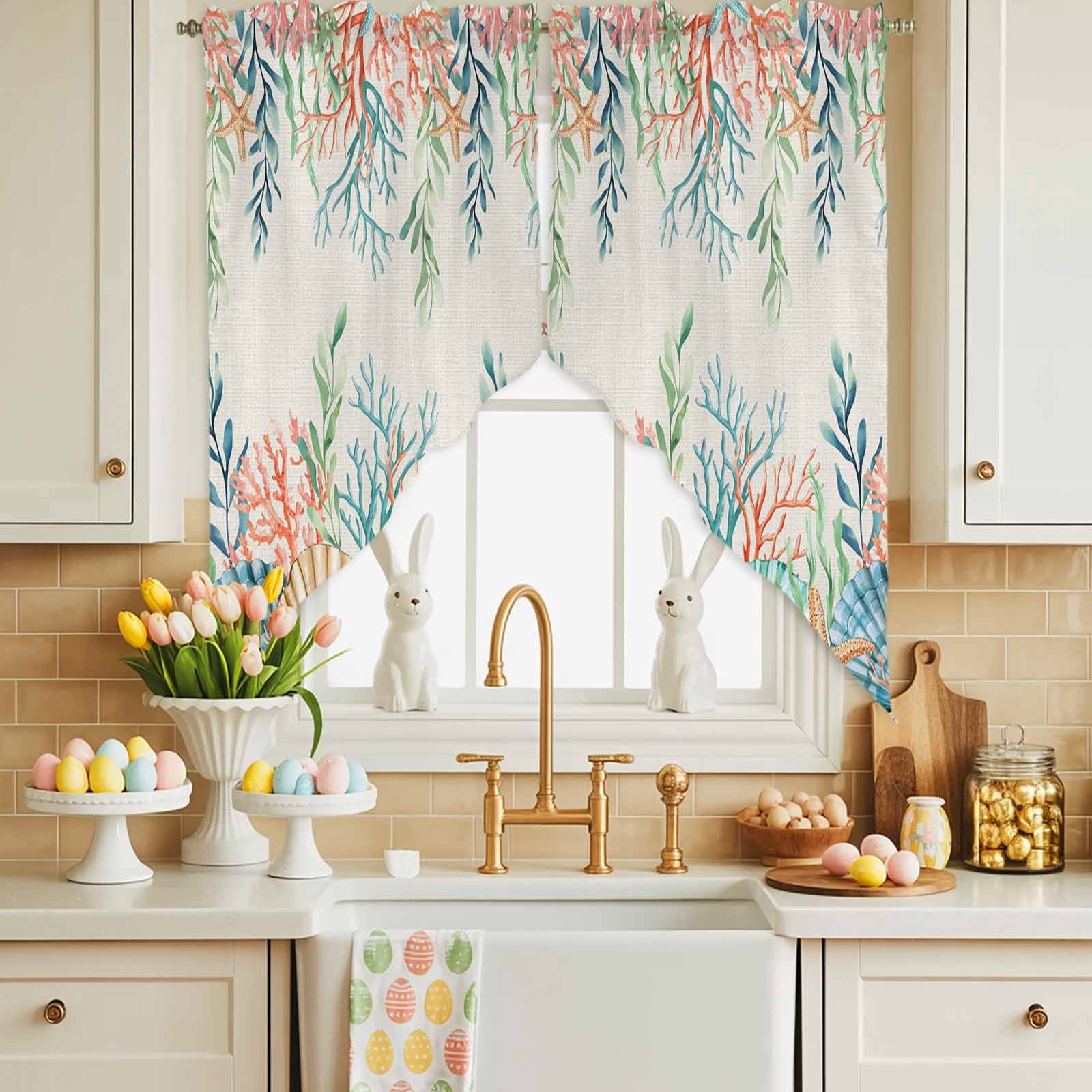 Summer Beach Swag Kitchen Curtain Valances, Ocean Colorful Coral Shell Seaweed Starfish Linen Rod Pocket Curtains Window Treatment Decor Valances for Bedroom Bathroom, 2 Panels 36 x 45 Inch