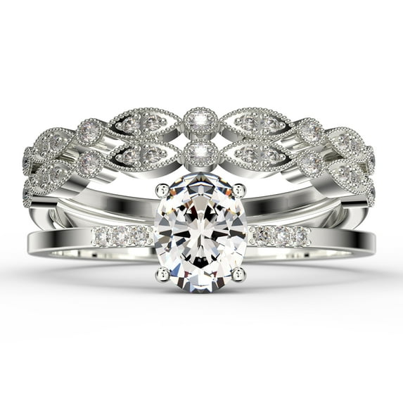 Beautiful Unique Art Deco 2.50 Carat Oval Cut Diamond Moissanite Engagement Ring, Wedding Ring, Two Matching Band in 925 Sterling Silver With 18k White Gold Plating Gift For Her