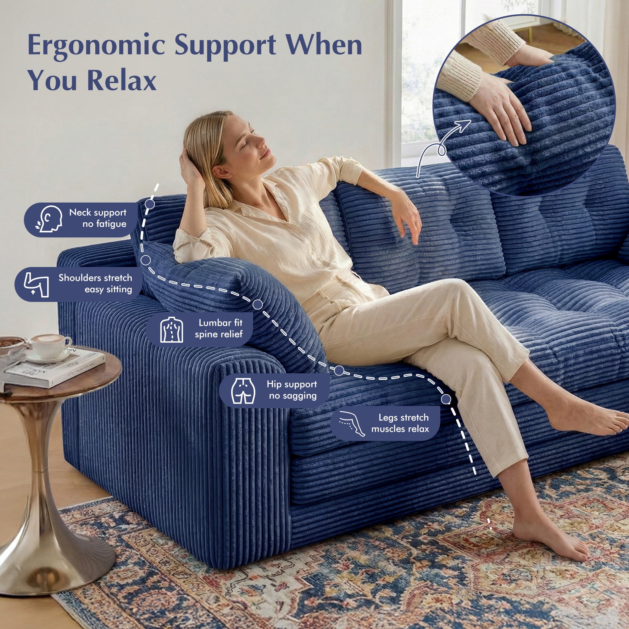 EnHomee 58.6" Foldable Sofa for Adult Loveseat Sofa Couch with Deep Seat Adjustable Floor Sofa Couch with 4 Pillows,Navy Blue