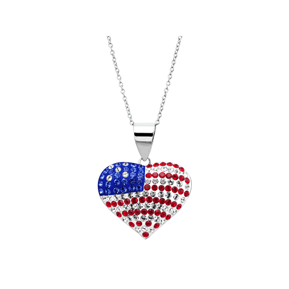 Women's Crystaluxe American Flag Puffed Heart Pendant Necklace with Crystals in Rhodium-Plated Sterling Silver, 18"