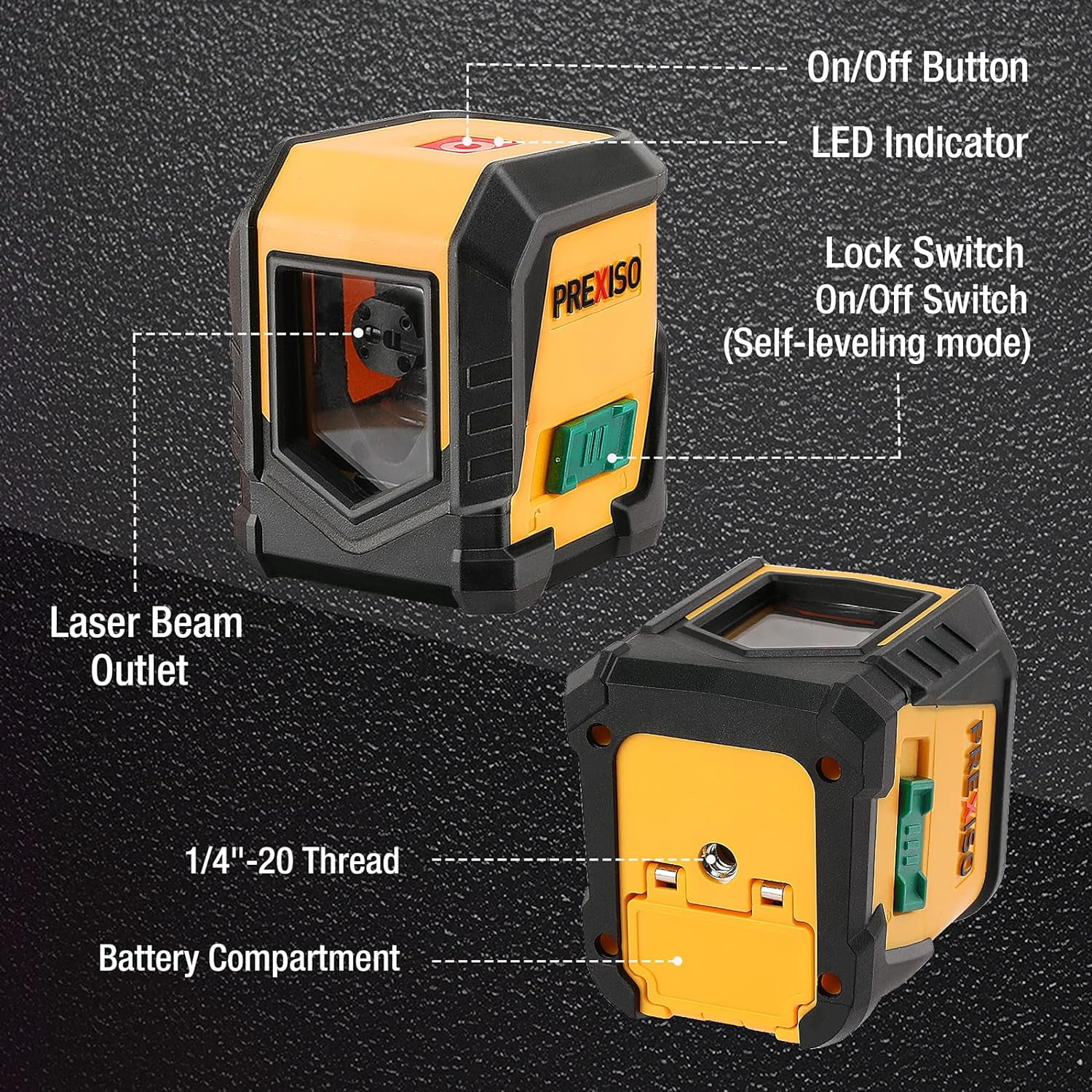 PREXISO Laser Level, 65Ft Self Leveling Cross Line Laser Level, Green Line leveler Tool for Hanging Picture, Floor Tile, Home Renovation with LED Indicator & 2 AA Batteries (360°Clamp)