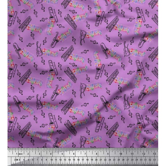 Soimoi Poly Georgette Fabric Notes,Piano & Guitar Musical Instrument Print Fabric by Yard 52 Inch Wide
