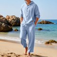 thumbnail image 2 of IWRICH Men's 2 Pieces Linen Set Casual Long Sleeve Button down Hoodies Beach Loose Fir Pants Summer Outfits Light Blue XXL, 2 of 9