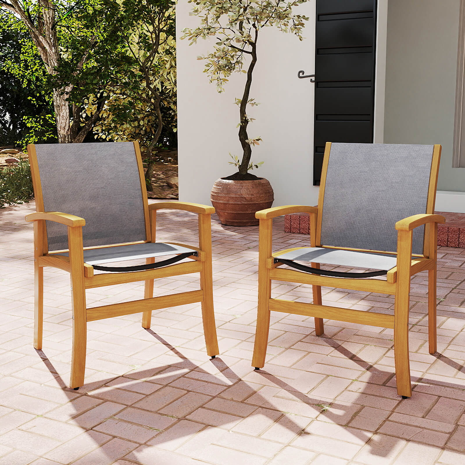 Costway 2 PCS Outdoor Dining Chairs Acacia Wood Patio Chairs with Breathable Fabric Seat