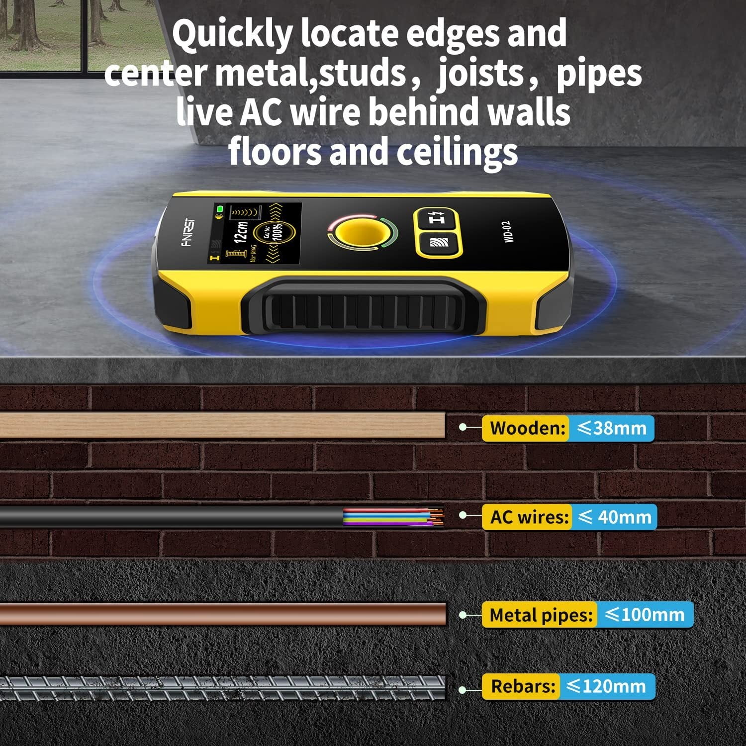 WD-02 Stud Finder Wall Scanner Metal Detector with Positioning Hole for Center and Edge of Wood AC Wire Metal Studs Joist Pipe