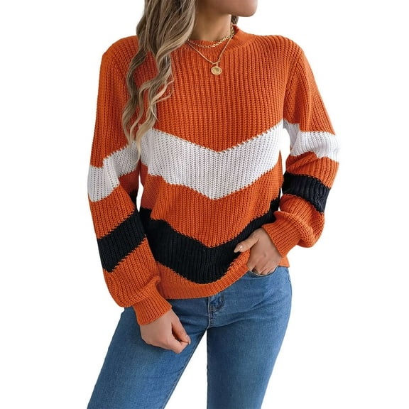 Womens Sweater Pullover Casual Long Sleeve Crewneck Color Block Pullover Knit Sweater for Women Orange Color XL