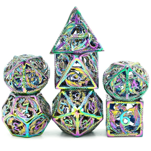 Cusdie Hollow Metal Dice, Flying Dragon D&D Dice, 7 Pcs DND Dice Set, Polyhedral Dice Set, for Role Playing Game MTG Pathfinder