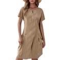thumbnail image 2 of Tshirt Dress Women Cotton Linen Short Sleeve Crewneck Quarter Zip Midi Dress Casual Summer Dress with Pockets, 2 of 5