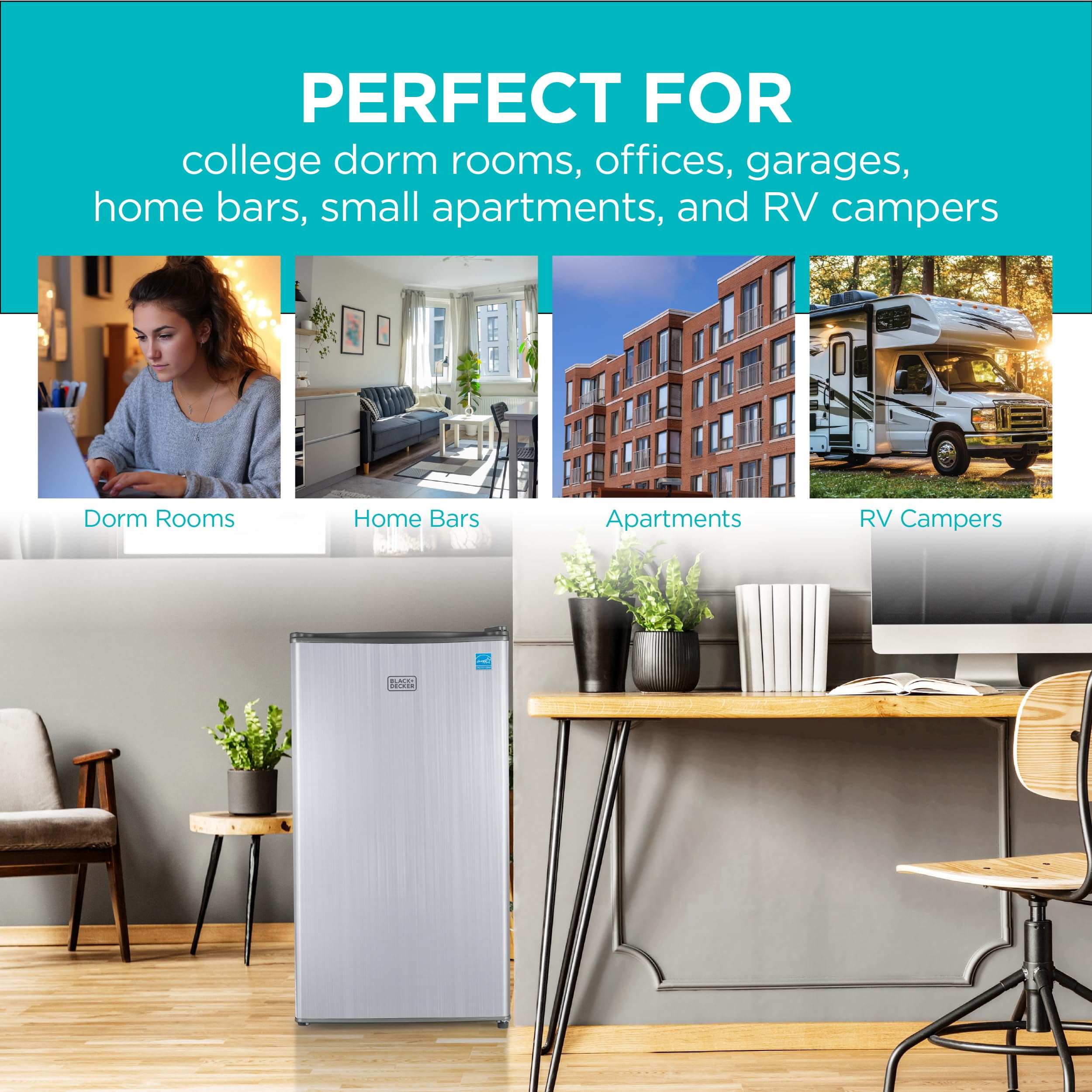 BLACK+DECKER BCRK32V Compact Refrigerator Energy Star Single Door Mini Fridge with Freezer, 3.2 cu. ft., Silver