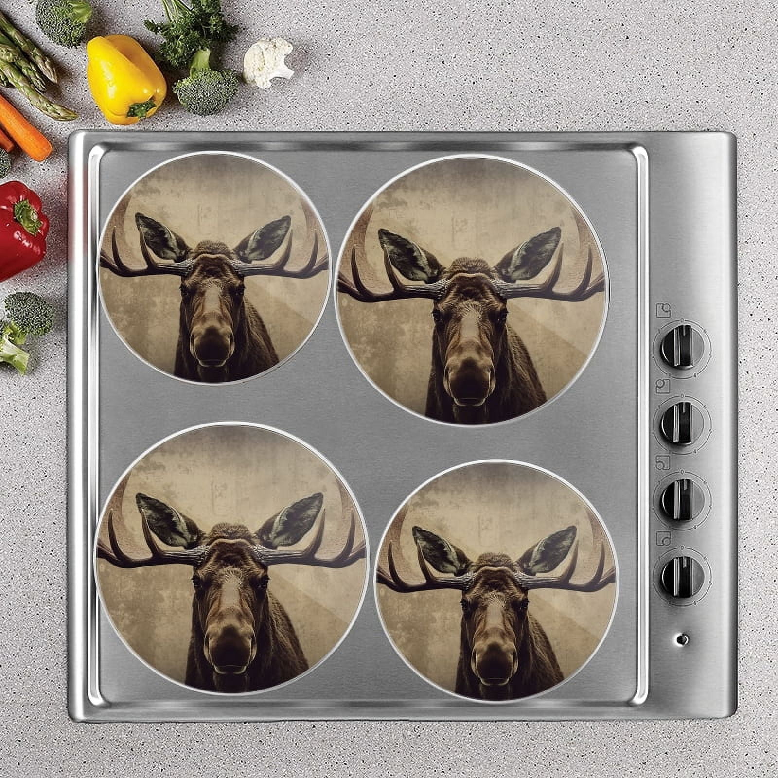 BaHomeck Electric Stove Burner Covers Set of 4,Round Metal Gas Stove Burner Covers 8 Inch and 10 Inch,Kitchen Decor,Moose With Large Antlers OnHead Stands In Front Of Old Wall