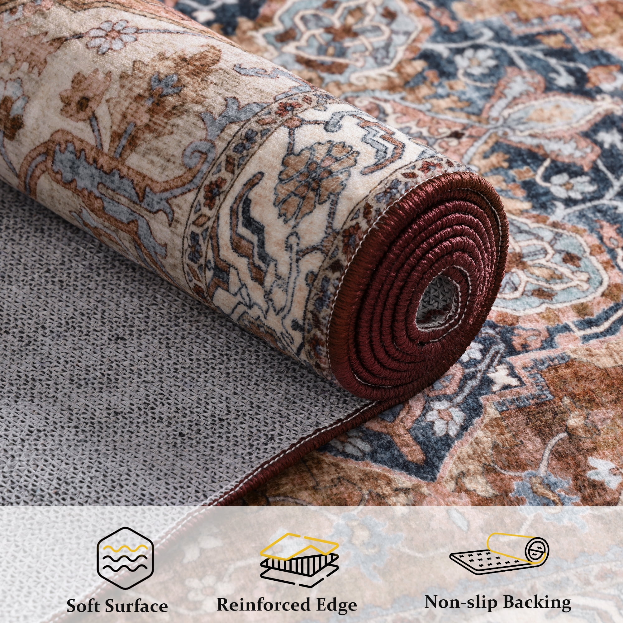 ATHOPE 5x7 Area Rugs for Living Room Bedroom, Washable Soft Rug with Non-Slip Backing, Large Floral Vintage Distress Print Pattern Carpet, Brick Red