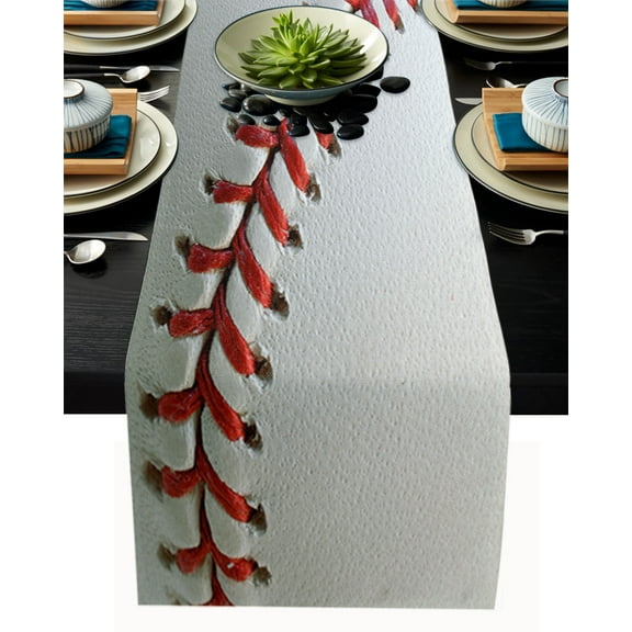 Table Runner Dresser Scarves 90 Inch Long, Sports Baseball Texture Closeup Background Linen Dining Table Runners Red and White Lines Laces Tabletop Scarf for Wedding Holiday Party Kitchen