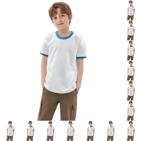 WAYUTE Kids Short Sleeve Ringer T Shirt Crew Neck Contrast Lightweight Thin Breathable Sports Basic Tee Casual Daily Wear Sky Blue Size 5-6 Y