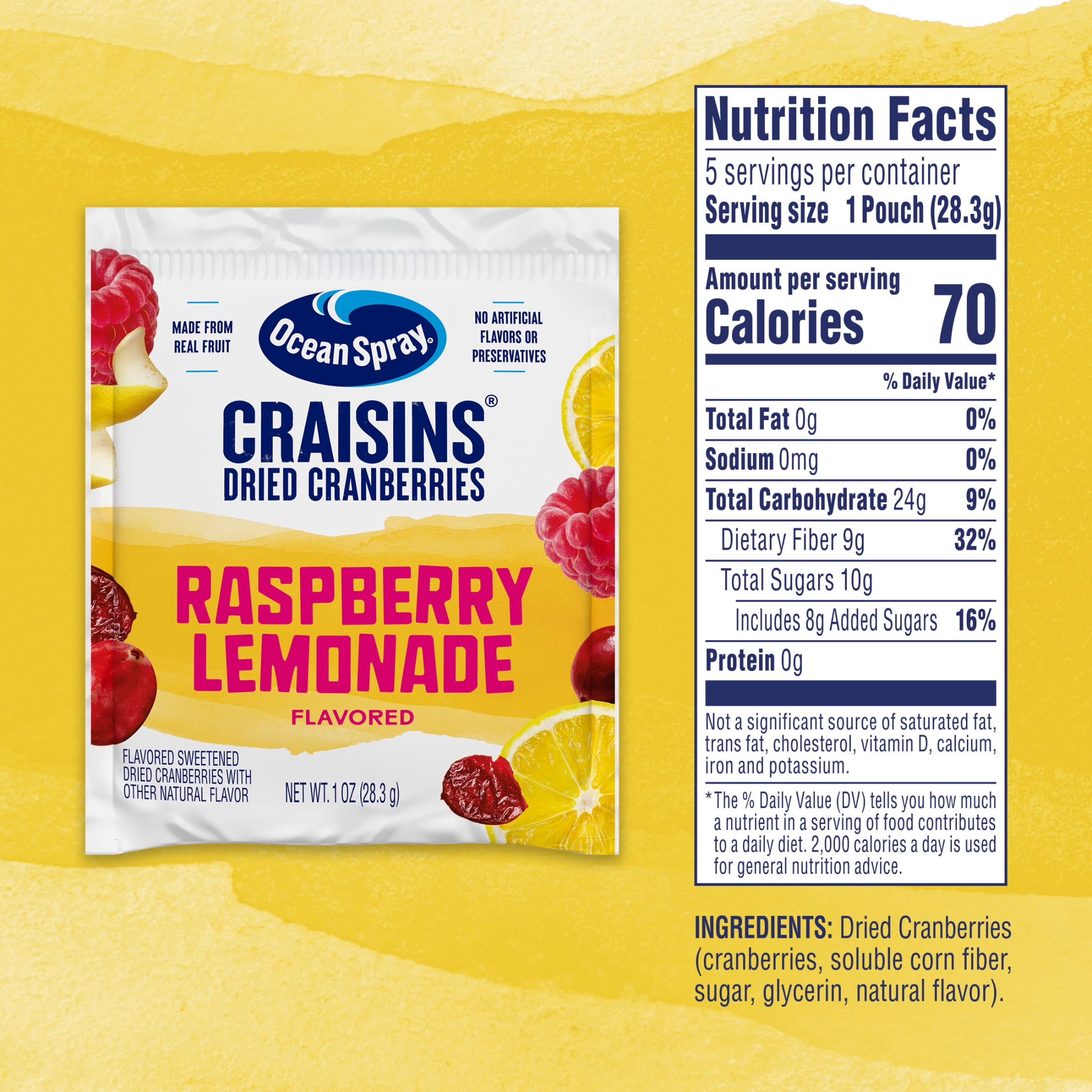 Ocean Spray®  Raspberry Lemonade Flavored Craisins® Dried Cranberries, 5‑Count Single‑Serve 1 oz Snack Packs