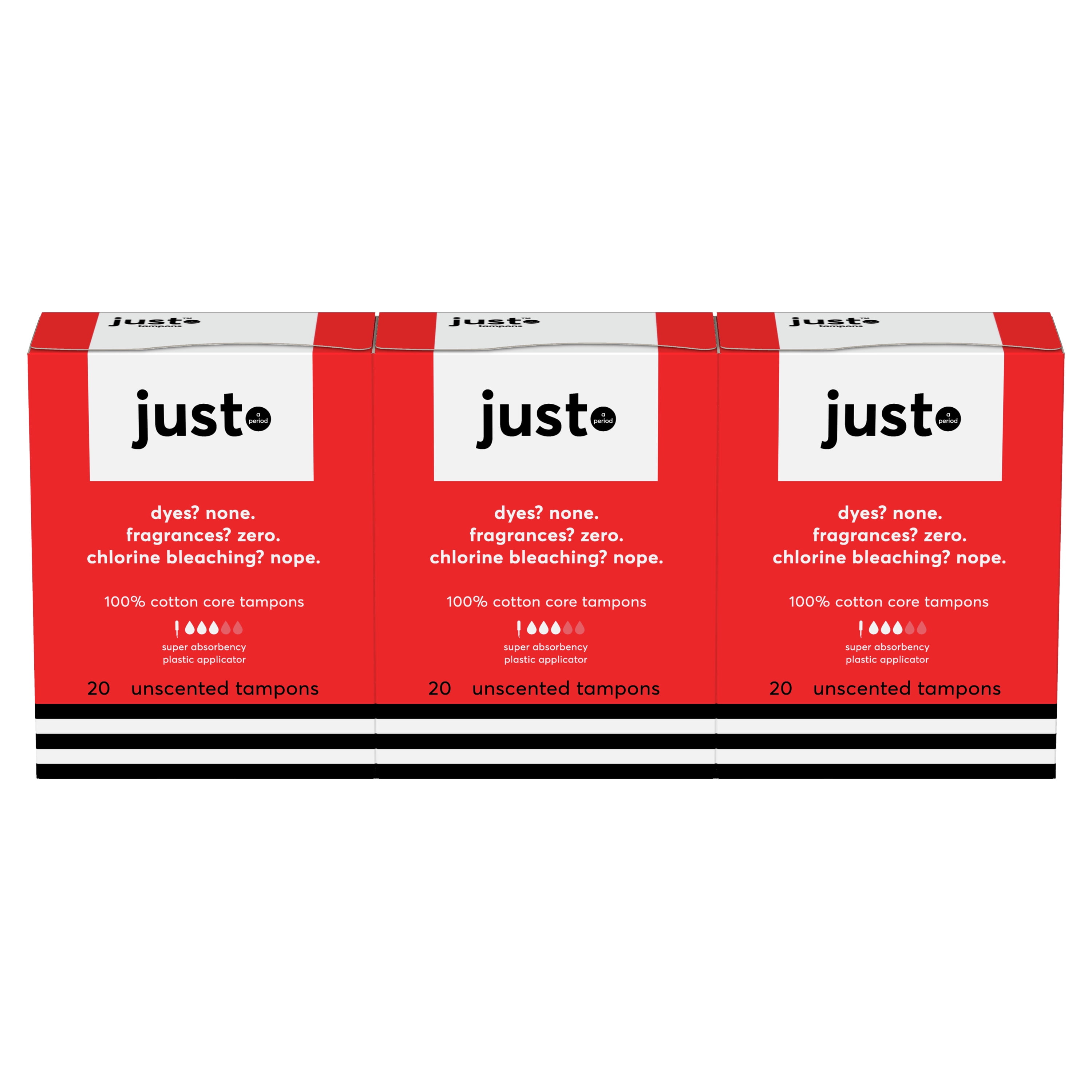 Just Cotton Core Tampons with Plastic Applicators, Super, 20 Count- Pack of 3 (60 Count Total)