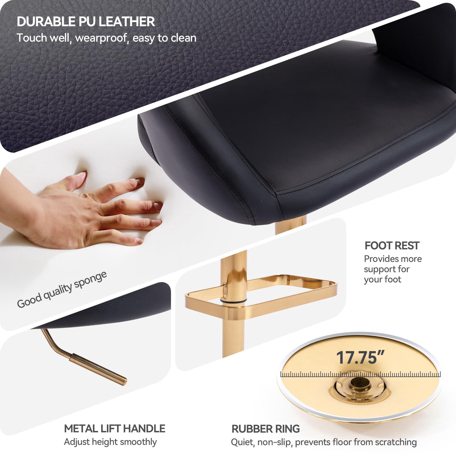 PU Leather Bar Stools, Adjustable Height 24."-32.25, Swivel Barstools with Back & Footrest, Upholstered Bar Chairs for Kitchen Island, Dining Room, Home Bar (Black, Gold Base)