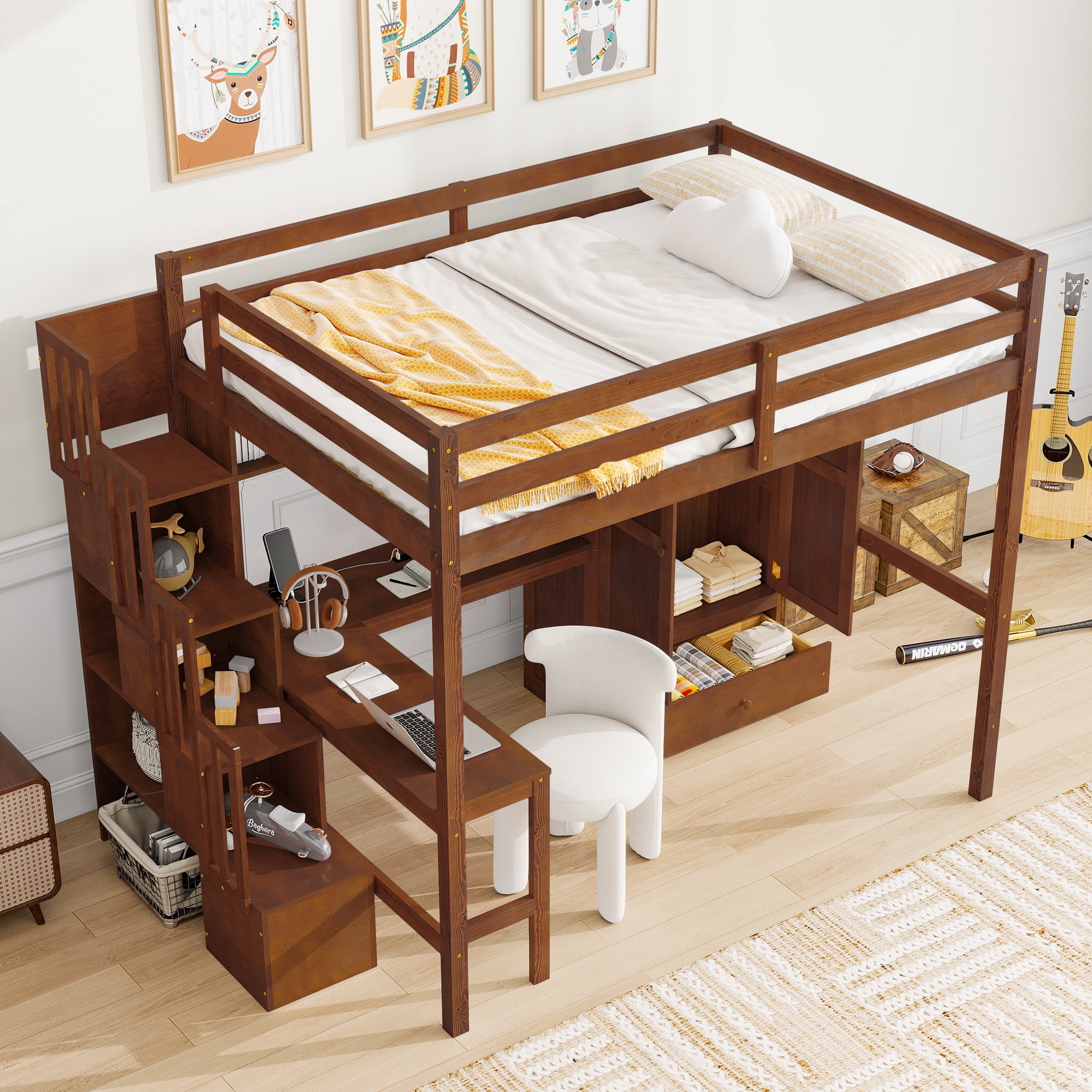 Mintazer Full Size Loft Bed with L-Shaped Desk & Wardrobe, Loft Bed with Storage Staircase & Charging Station, Walnut