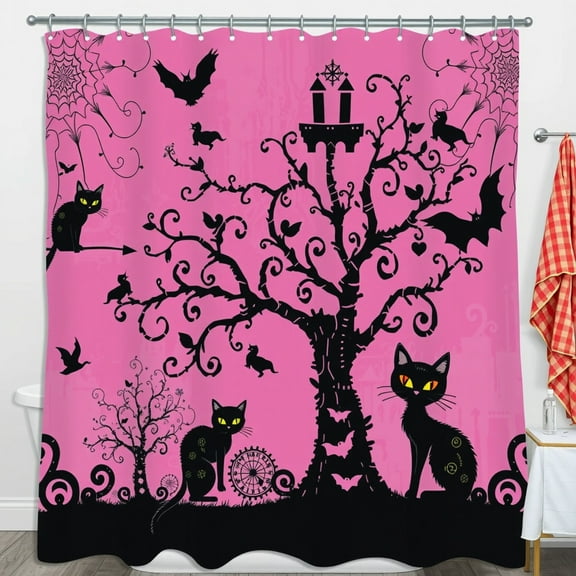 Whimsical Gothic Shower Curtain with Tree, Cats, Bats & Castle - Pink