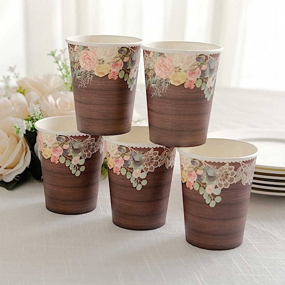 BalsaCircle 24 Brown Rustic Wood Print Paper Cups Floral Lace Rim Party Events Tableware Decorations Supplies