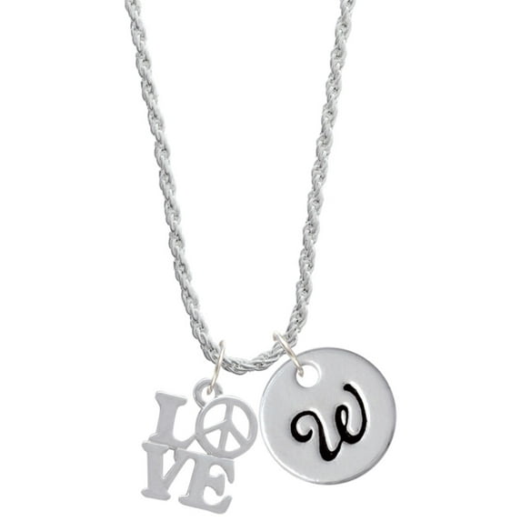 Delight Jewelry Love with Peace Sign Silvertone Script Initial Disc - W - Charm Necklace, 20"+3"