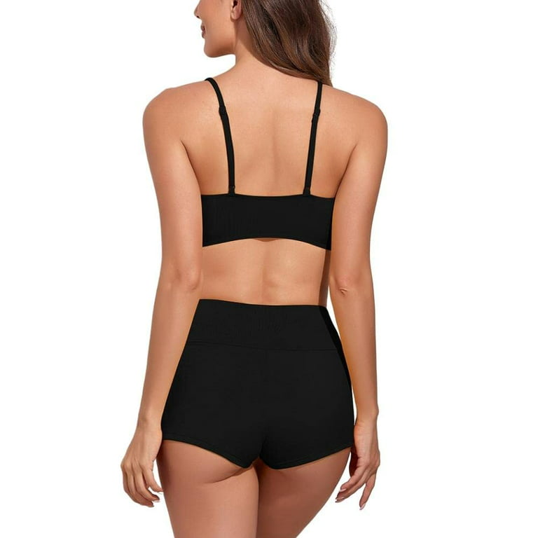 meioro Solid Swimsuit for Women Tie Front Shorts Bikini Two Piece