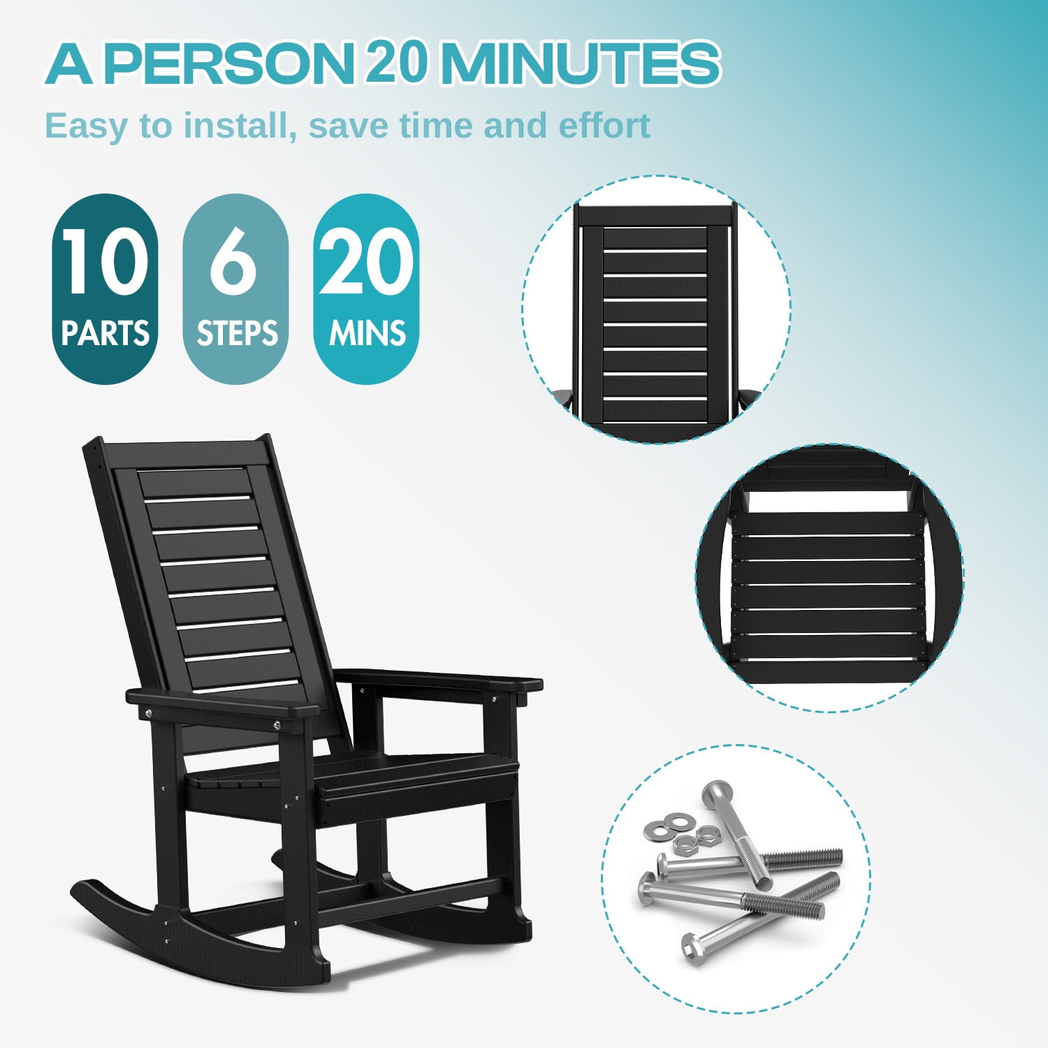 FODINGHILL Outdoor Rocking Chair Set of 2,HDPE Oversized Rocking Chair Outdoor,High Back Rocking Patio Chairs for Porch Garden Balcony,Black
