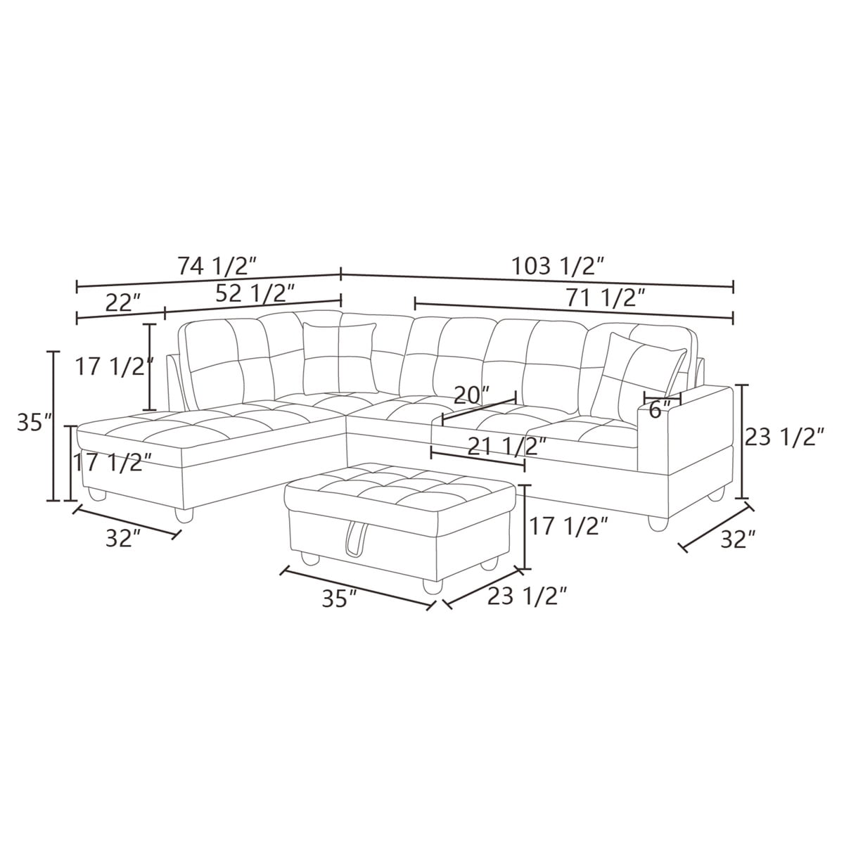 Hommoo Semi PU Synthetic Leather Living Room Furniture Sets, Modern 4-Seat Couch Sofa, 17.5'' Back Height Sectional Sofa for Small Space, Dark Grey(No Ottoman)