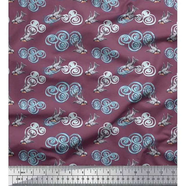 Soimoi Poly Crepe Fabric Clouds & Bullfinch Bird Printed Craft Fabric by The Yard 52 Inch Wide