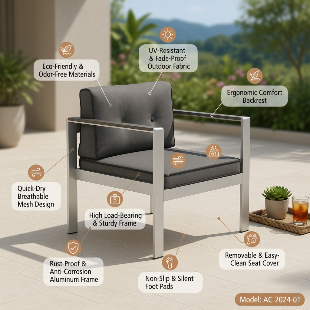 Hommoo Modern Aluminum Outdoor Sofa Chair with WPC Armrests, Olefin Cushions & Ergonomic Support, Lightweight, Weather-Resistant Patio Seating, Gray