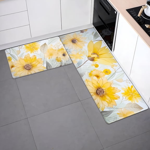RLESO Set of 2 Yellow Vintage Floral Farmhouse Kitchen Floor Mats,Anti Fatigue